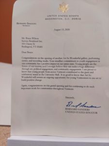 A letter of support for Arts so Wonderful from Senator Bernard Sanders